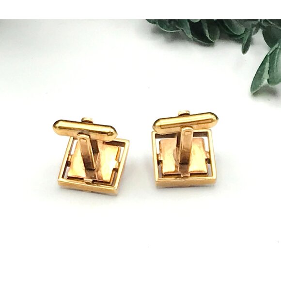 Vintage Square Red Gemstone Gold-Tone Cufflinks - Picture 2 of 3